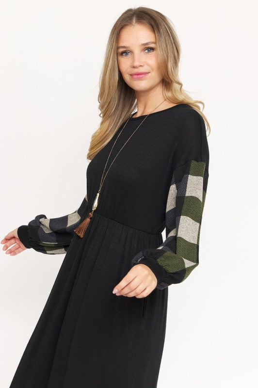 Knit Bishop Sleeve Tea Length Dress-Charmful Clothing Boutique