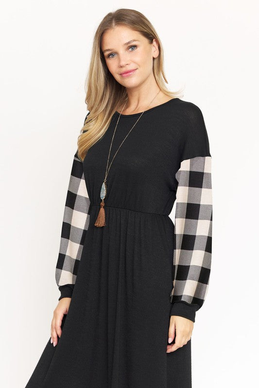 Knit Bishop Sleeve Tea Length Dress-Charmful Clothing Boutique
