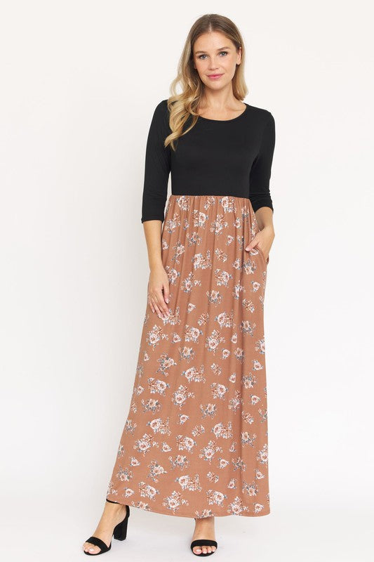 Quarter Sleeve Floral Maxi Dress-Charmful Clothing Boutique