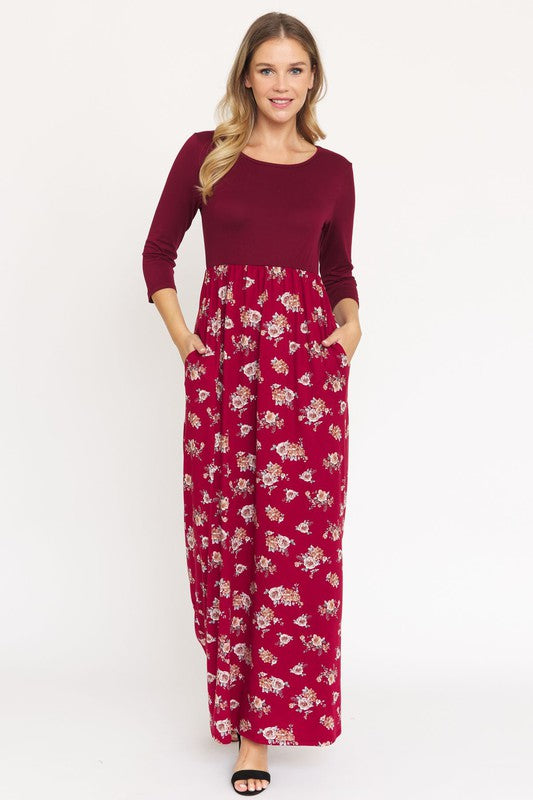 Quarter Sleeve Floral Maxi Dress-Charmful Clothing Boutique