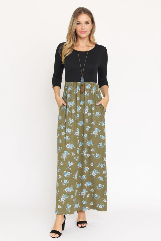 Quarter Sleeve Floral Maxi Dress-Charmful Clothing Boutique