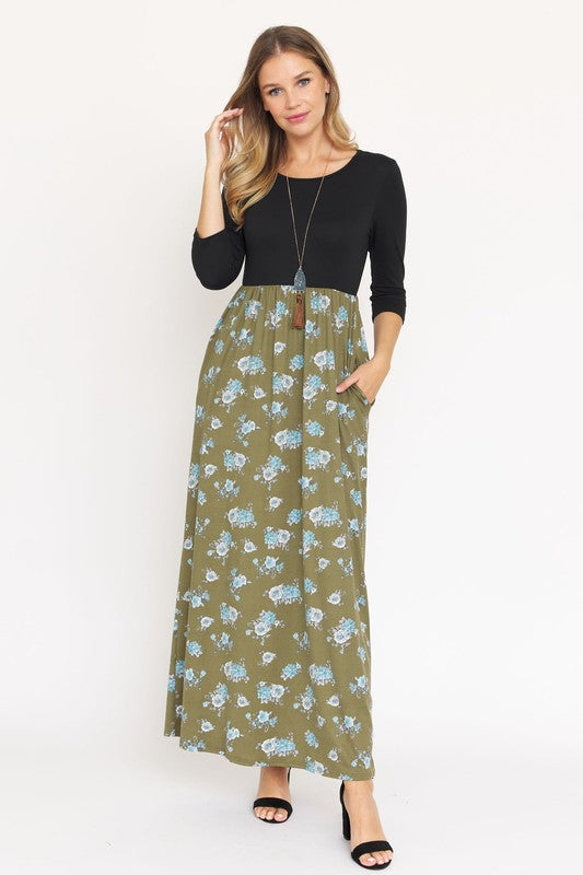 Quarter Sleeve Floral Maxi Dress-Charmful Clothing Boutique