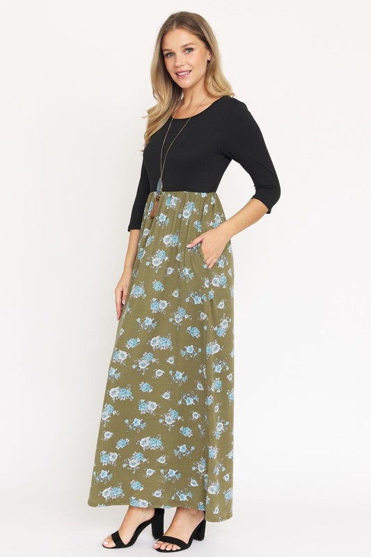 Quarter Sleeve Floral Maxi Dress-Charmful Clothing Boutique
