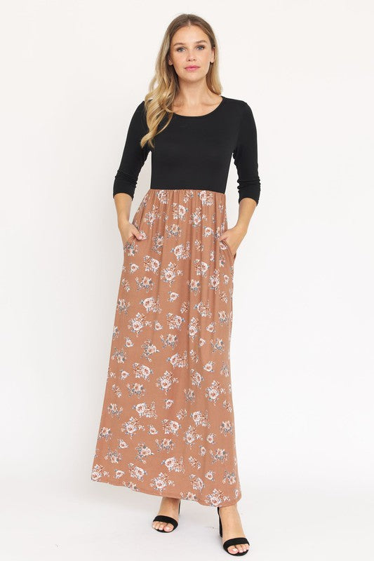Quarter Sleeve Floral Maxi Dress-Charmful Clothing Boutique