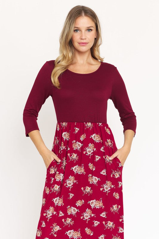 Quarter Sleeve Floral Maxi Dress-Charmful Clothing Boutique