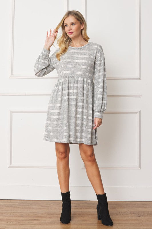Stripe Bishop Sleeve Mini Dress-Charmful Clothing Boutique