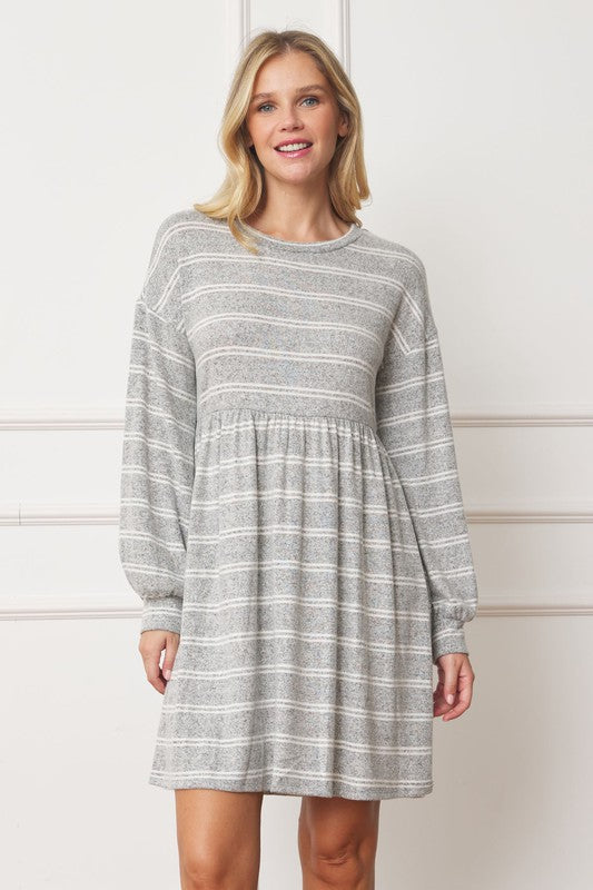 Stripe Bishop Sleeve Mini Dress-Charmful Clothing Boutique