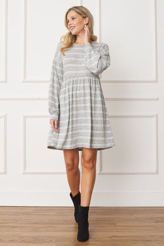 Stripe Bishop Sleeve Mini Dress-Charmful Clothing Boutique
