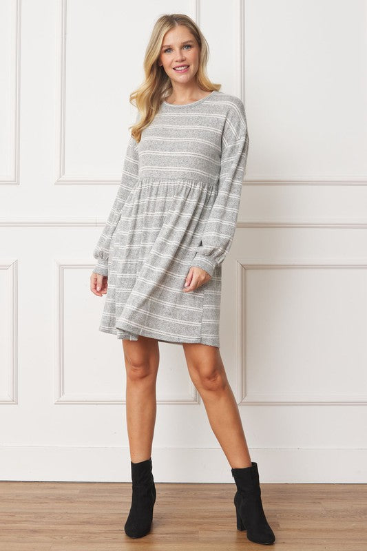 Stripe Bishop Sleeve Mini Dress-Charmful Clothing Boutique