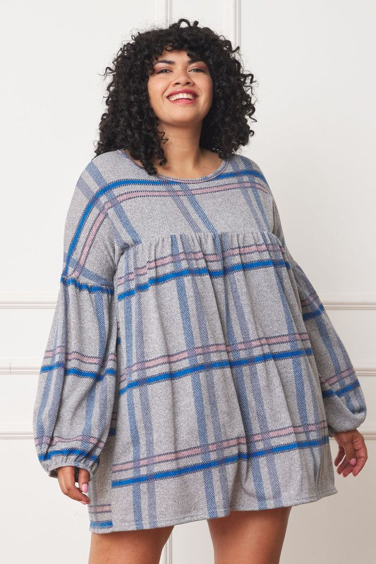 Plus Plaid Empire Waist Balloon Sleeve Mini Dress-Charmful Clothing Boutique