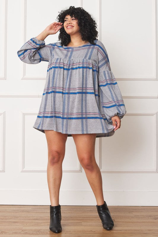 Plus Plaid Empire Waist Balloon Sleeve Mini Dress-Charmful Clothing Boutique