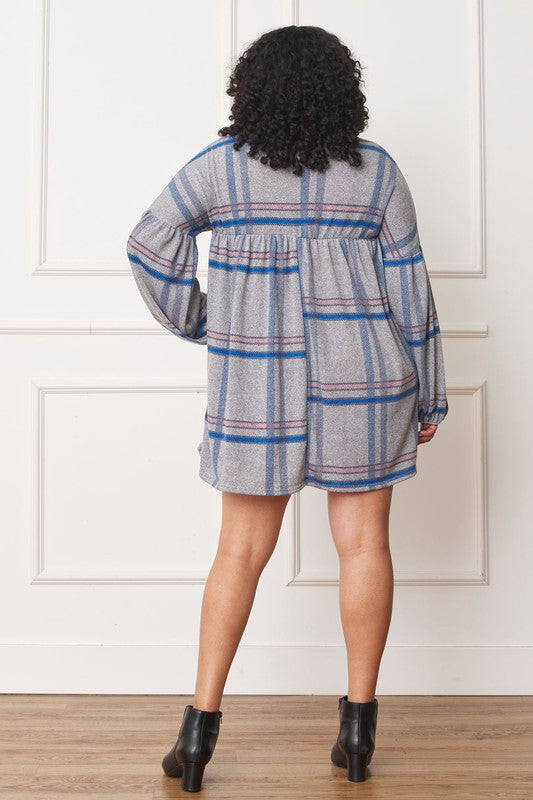 Plus Plaid Empire Waist Balloon Sleeve Mini Dress-Charmful Clothing Boutique