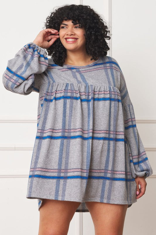 Plus Plaid Empire Waist Balloon Sleeve Mini Dress-Charmful Clothing Boutique