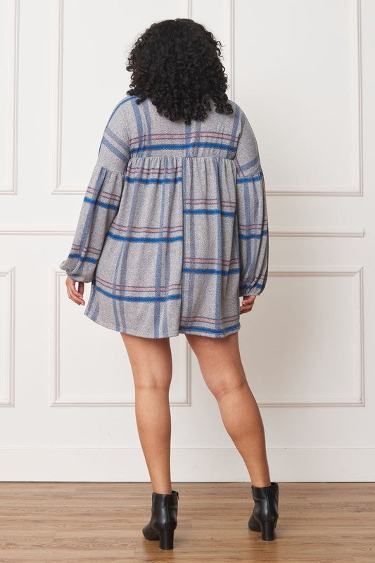Plus Plaid Empire Waist Balloon Sleeve Mini Dress-Charmful Clothing Boutique