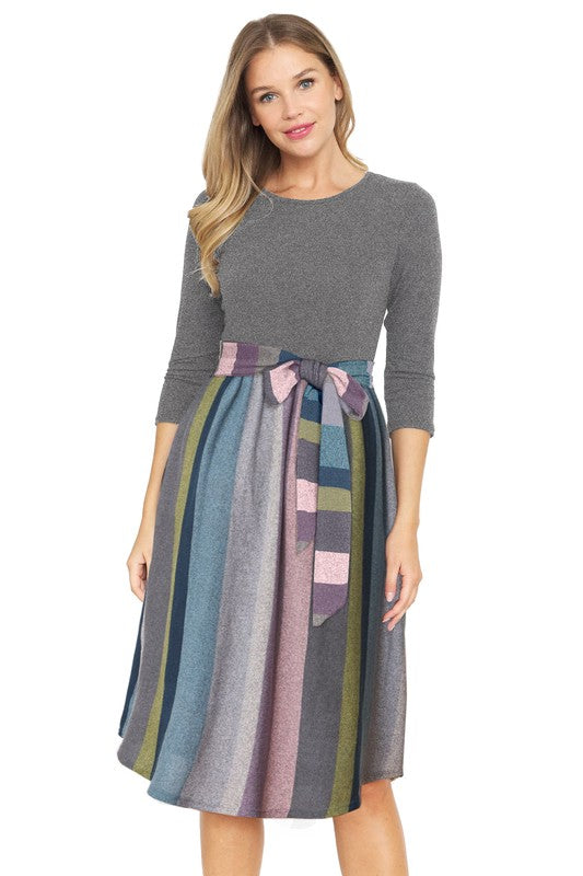 Quarter Sleeve Stripe Sash Midi Dress-Charmful Clothing Boutique