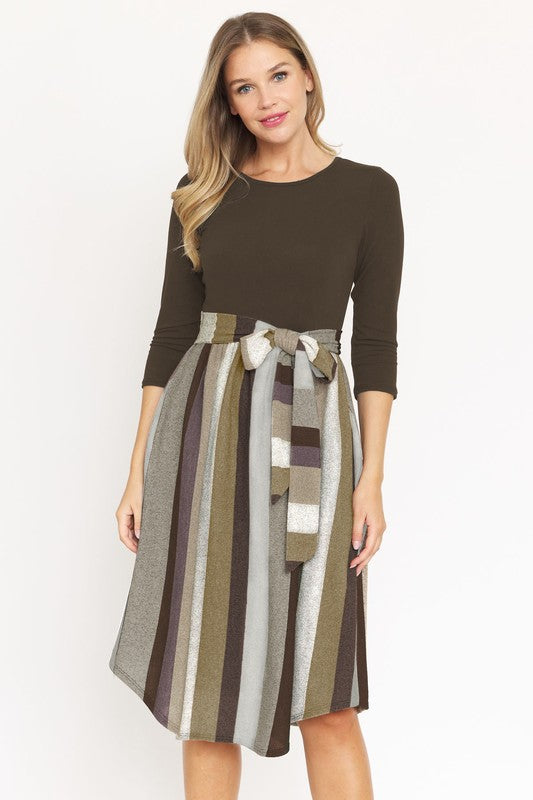 Plus Quarter Sleeve Stripe Sash Midi Dress-Charmful Clothing Boutique
