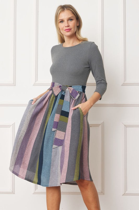 Plus Quarter Sleeve Stripe Sash Midi Dress-Charmful Clothing Boutique