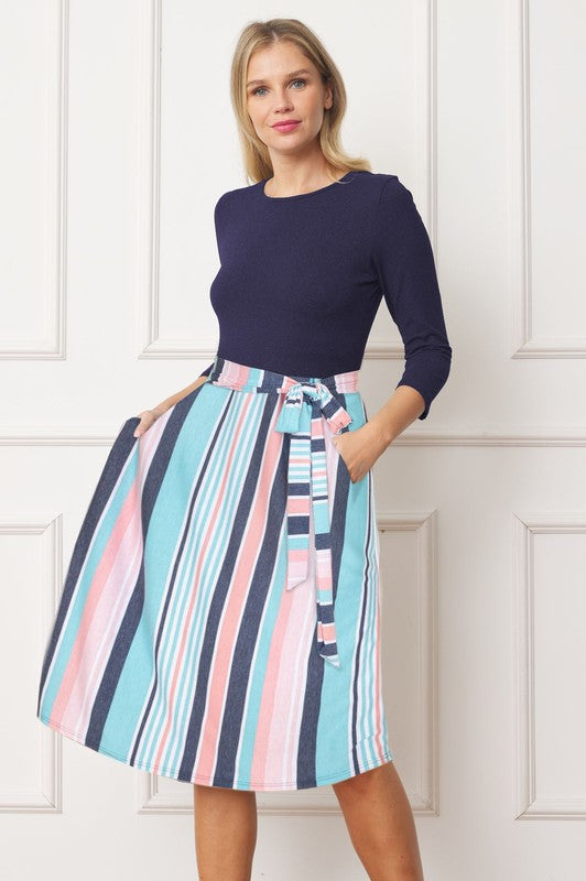 Plus Quarter Sleeve Stripe Sash Midi Dress-Charmful Clothing Boutique