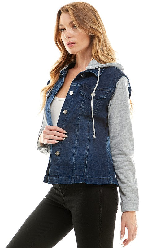 Spendex Ladies Denim Jacket with Fleece Hoodie-Charmful Clothing Boutique