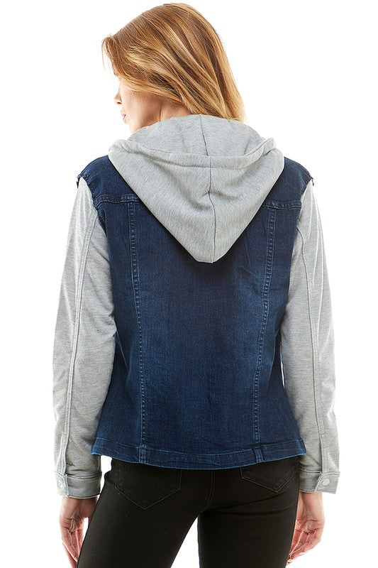 Spendex Ladies Denim Jacket with Fleece Hoodie-Charmful Clothing Boutique