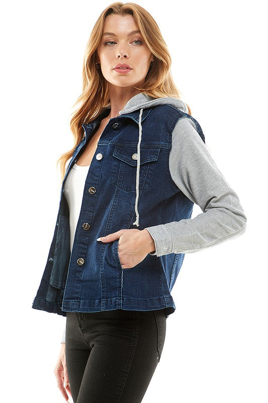 Spendex Ladies Denim Jacket with Fleece Hoodie-Charmful Clothing Boutique