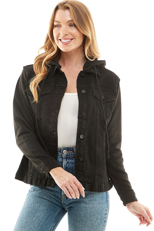 Spendex Ladies Denim Jacket with Fleece Hoodie-Charmful Clothing Boutique