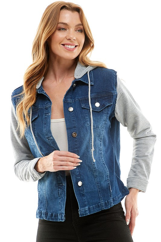 Spendex Ladies Denim Jacket with Fleece Hoodie-Charmful Clothing Boutique