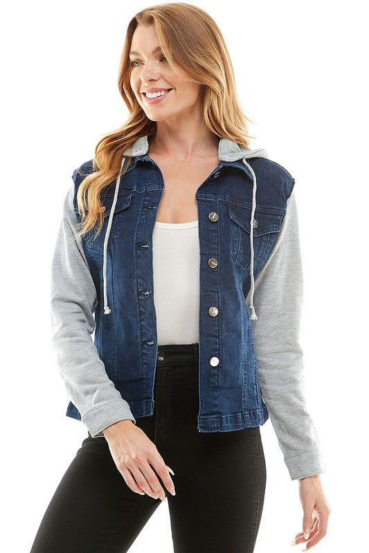 Spendex Ladies Denim Jacket with Fleece Hoodie-Charmful Clothing Boutique