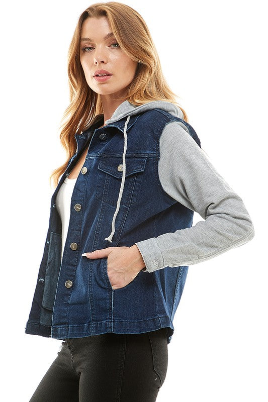 Spendex Ladies Denim Jacket with Fleece Hoodie-Charmful Clothing Boutique