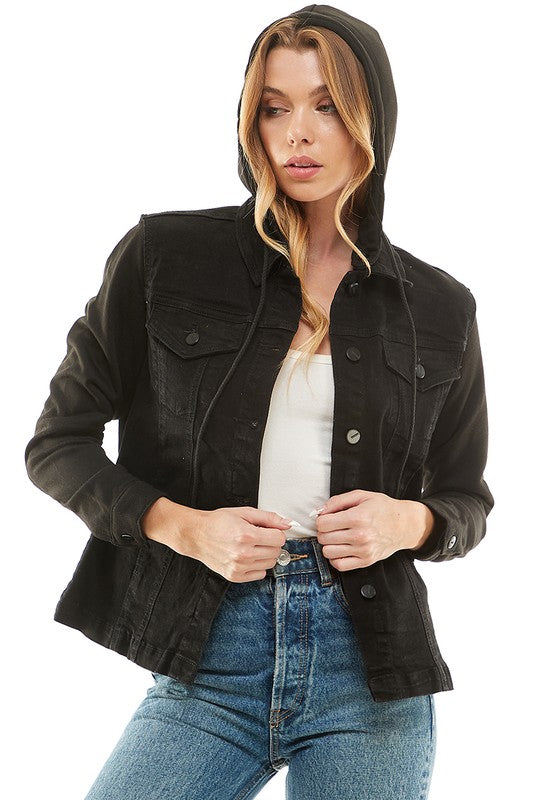 Spendex Ladies Denim Jacket with Fleece Hoodie-Charmful Clothing Boutique