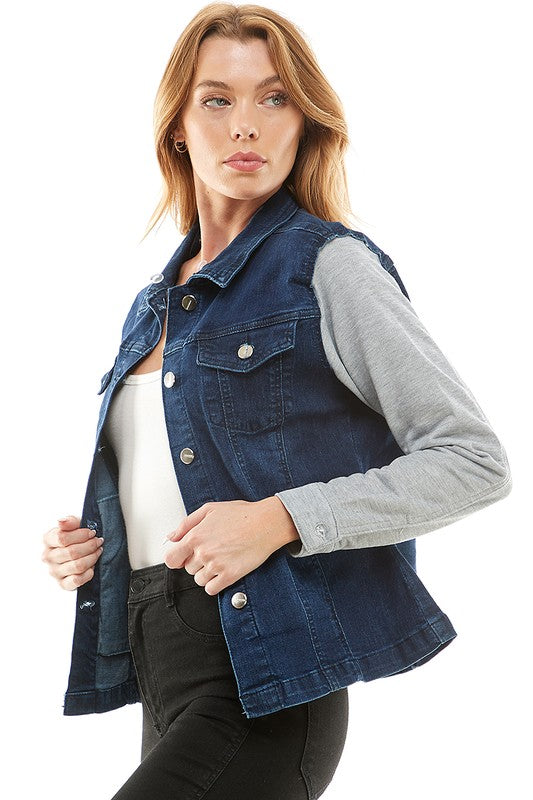 Spendex Ladies Denim Jacket with Fleece Hoodie-Charmful Clothing Boutique