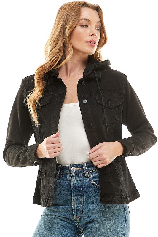 Spendex Ladies Denim Jacket with Fleece Hoodie-Charmful Clothing Boutique