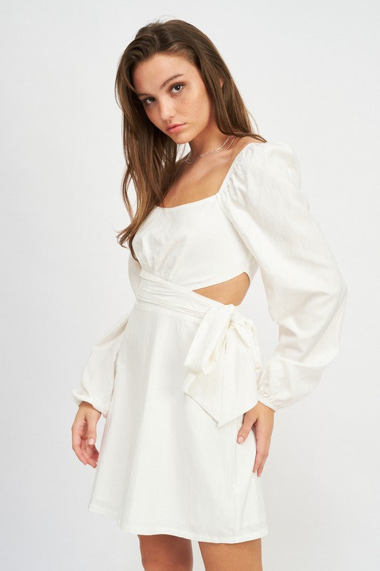 LONG SLEEVE TIE WAIST MINI DRESS-Charmful Clothing Boutique