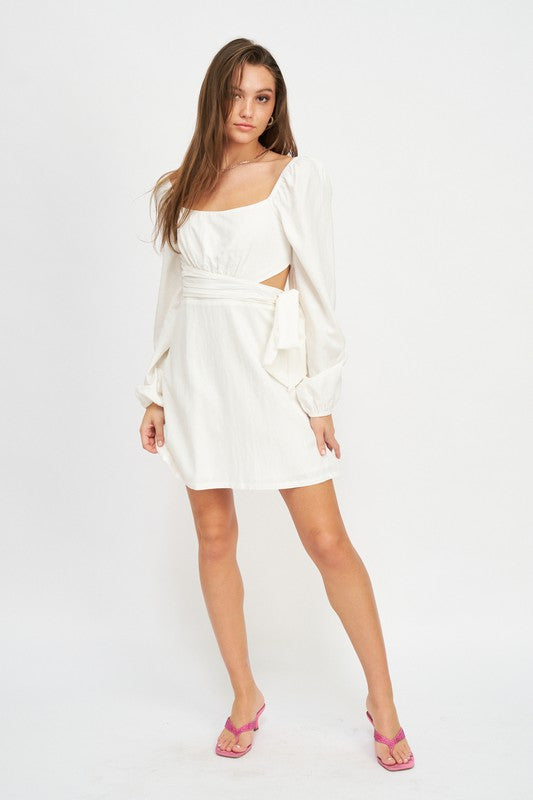 LONG SLEEVE TIE WAIST MINI DRESS-Charmful Clothing Boutique