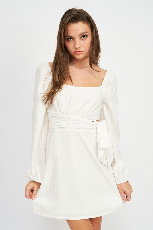 LONG SLEEVE TIE WAIST MINI DRESS-Charmful Clothing Boutique
