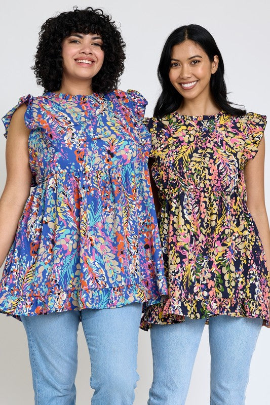 Ruffle floral leaf woven tunic top-Charmful Clothing Boutique