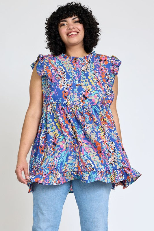 Ruffle floral leaf woven tunic top-Charmful Clothing Boutique