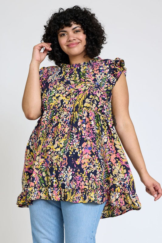 Ruffle floral leaf woven tunic top-Charmful Clothing Boutique