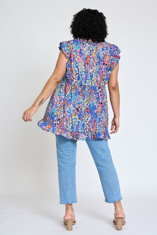 Ruffle floral leaf woven tunic top-Charmful Clothing Boutique
