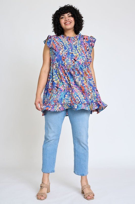 Ruffle floral leaf woven tunic top-Charmful Clothing Boutique