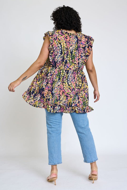 Ruffle floral leaf woven tunic top-Charmful Clothing Boutique