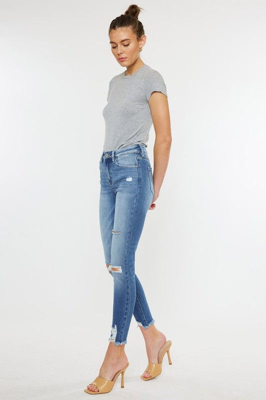 High Rise Fray Hem Ankle Skinny Jeans-Charmful Clothing Boutique