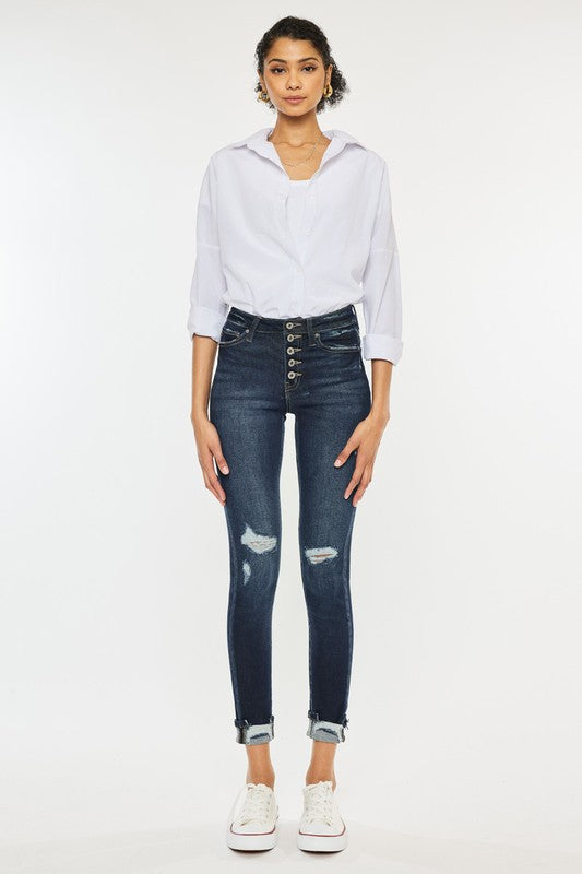 Kan Can High Rise Button Down Cuffed Ankle Skinny Jeans-Charmful Clothing Boutique