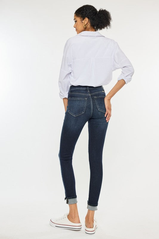 Kan Can High Rise Button Down Cuffed Ankle Skinny Jeans-Charmful Clothing Boutique