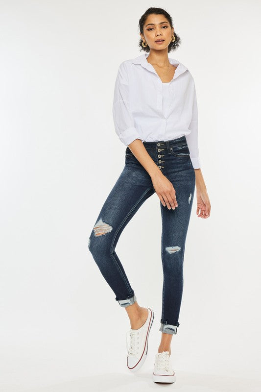 Kan Can High Rise Button Down Cuffed Ankle Skinny Jeans-Charmful Clothing Boutique