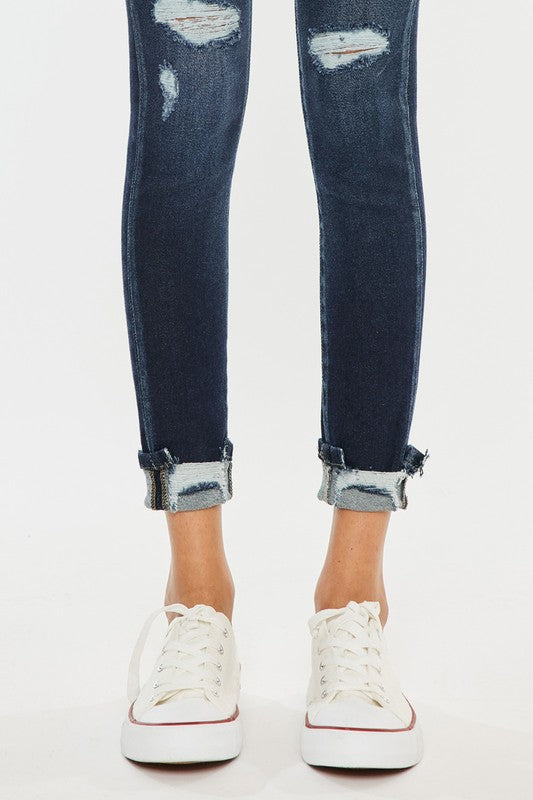 Kan Can High Rise Button Down Cuffed Ankle Skinny Jeans-Charmful Clothing Boutique