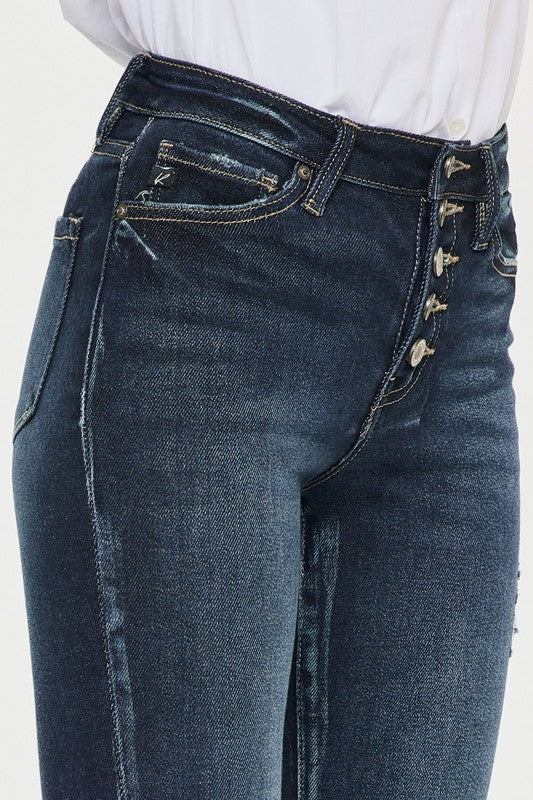 Kan Can High Rise Button Down Cuffed Ankle Skinny Jeans-Charmful Clothing Boutique