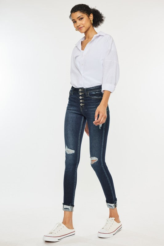 Kan Can High Rise Button Down Cuffed Ankle Skinny Jeans-Charmful Clothing Boutique