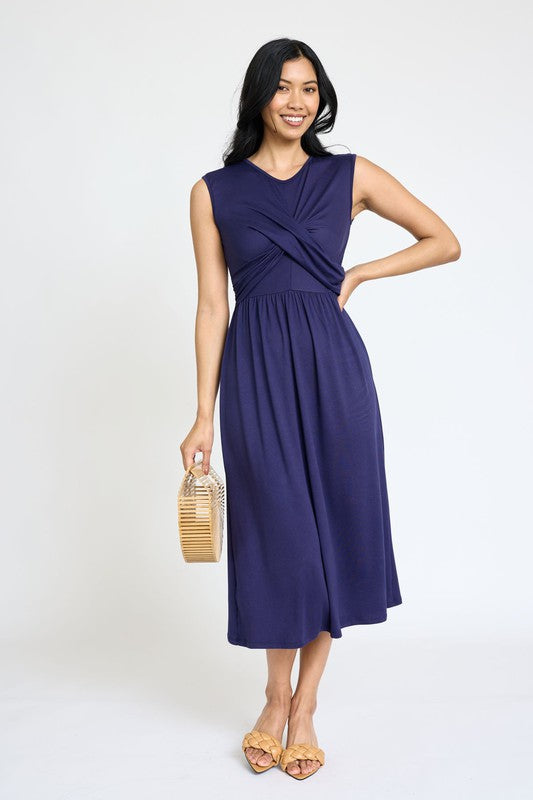 Sleeveless Cross-Over Bodice Midi Dress-Charmful Clothing Boutique