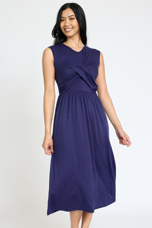 Sleeveless Cross-Over Bodice Midi Dress-Charmful Clothing Boutique
